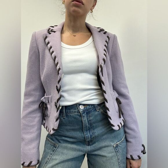 Kay Unger Mauve Purple Wool Silk Knit Blazer Twee Floral Buttons Size 8 - Picture 4 of 13